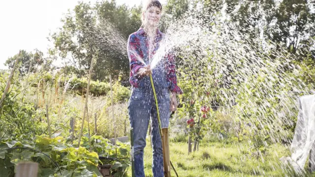 Une femme arrose ses plantes dans un jardin