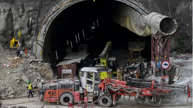Rescue personnel work at the collapsed under construction Silkyara tunnel in the Uttarkashi district of India's Uttarakhand state, on November 28, 2023