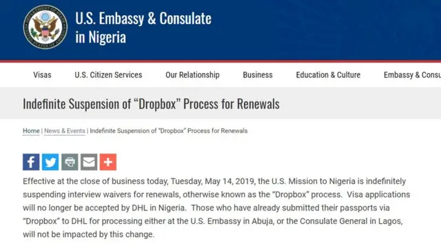Di announcement of di change ontop di US Embassy in Nigeria website