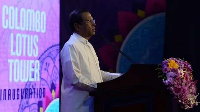 Maithripala Sirisena delivers a speech during the opening of the Lotus Tower in Colombo on September 16, 2019. - Sri Lanka on September 16 opened a Chinese-backed massive partially built tower plagued by corruption allegations, one of the white elephants started during the former strongman president's regime.