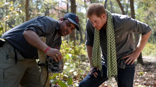 เจ้าหน้าที่อุทยาน อธิบายการทำงานของกล้องดักสัตว์ ให้เจ้าชายแฮร์รีแห่งอังกฤษ เดือน มี.ค. 2018