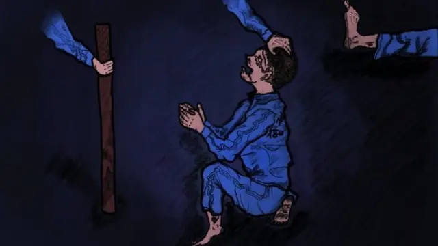 A drawing of a little boy begging