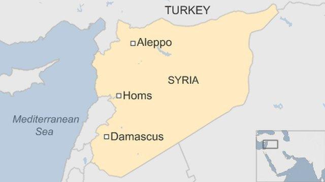シリアのホムス（Homs）、ダマスカス（Damascus）などの位置