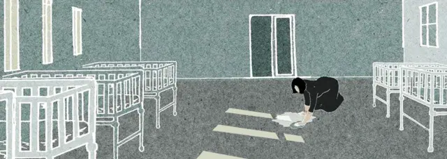 Illustration d'une femme lavant un plancher dans une maternité