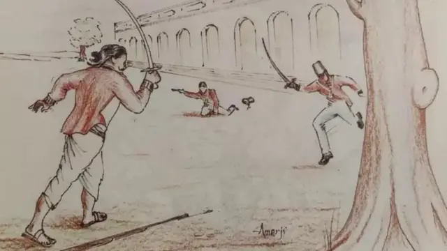 ஹெவ்சன் மற்றும் லெப்டினன்ட் போவை வாளால் தாக்குகிறார் மங்கள் பாண்டே (விளக்கப் படம்)