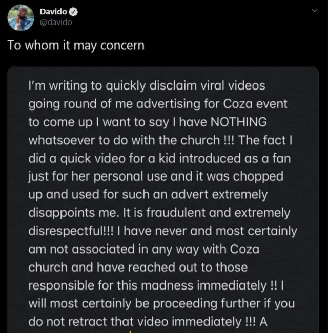 Mí o mọ ǹkan kan nípa fọ́nran ìpolongo COZA- Davido