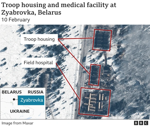 Satellite image showing troop housing and field hospital in Belarus