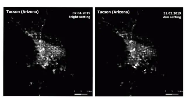 Tucson'da yapılan deney: Sokak lambalarının açık hali (solda) ve sokak lambalarının karartıldığı hali (sağda)