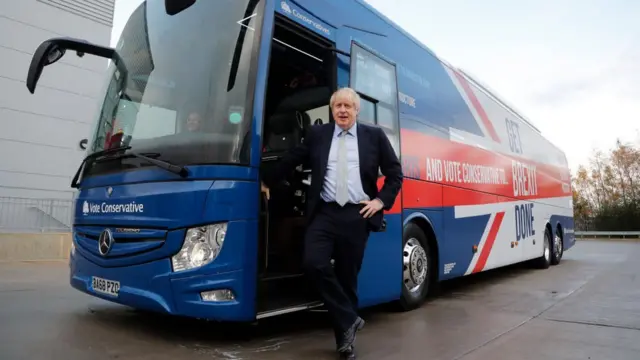 İngiltere Başbakanı Boris Johnson Muhafazakar Parti seçim otobüsünün önünde.