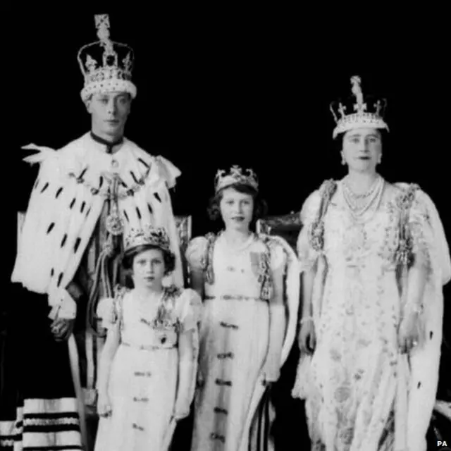 The newly crowned King George VI & Queen Elizabeth with Princesses Elizabeth & Margaret