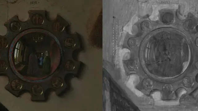 Macrofotografía y reflectografía infrarroja del espejo.