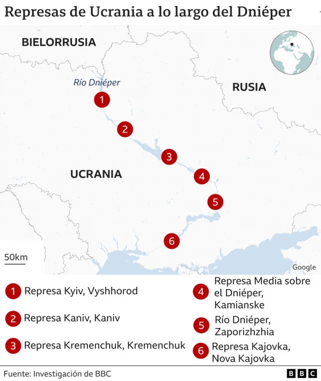 Mapa de las represas sobre el río Dniéper.
