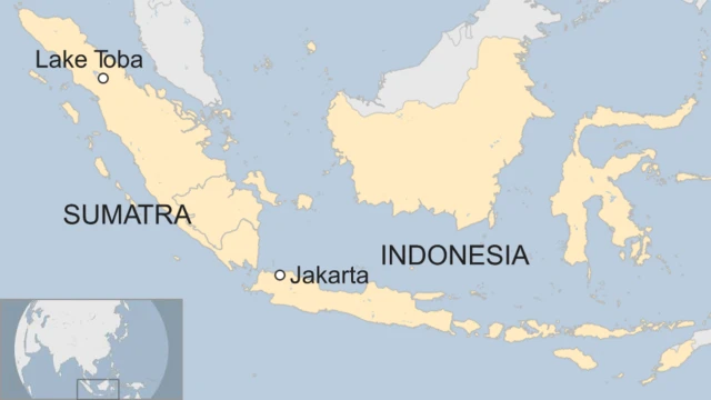 インドネシアの地図。トバ湖はスマトラ島の北西に位置する