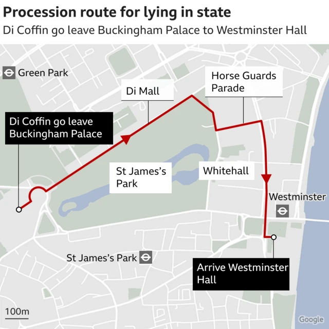 Map wey show procession route from Buckingham Palace to Westminster Hall