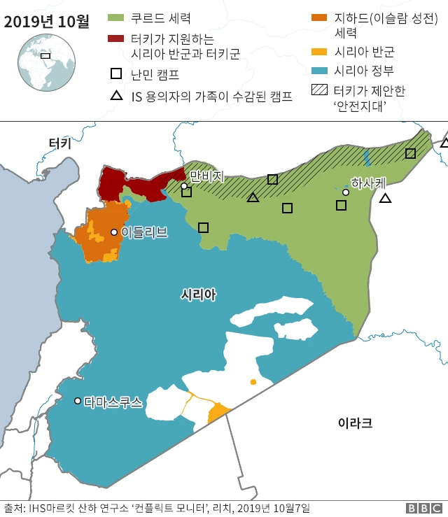 10월 현재 시리아 북동부의 쿠르드 점령지역(녹색)과 터키군과 터키의 지원을 받는 시리아 반군(적색)이 점령한 지역의 지도