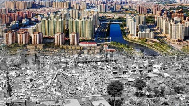 唐山地震和40年后 。 （新华社2016年资料图片）