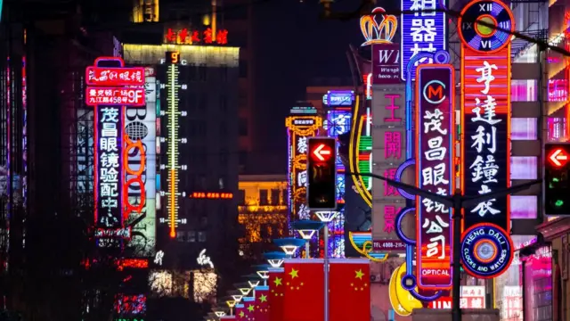 世界上人口最多的城市之一——上海,夜间霓虹璀璨