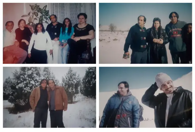 Imagem mosrtra colagem de quatro fotos do primeiro reencontro do iraniano Paknoosh Kharaghani com a família após quase duas décadas. Ele saiu de casa aos 17 anos, fugindo da guerra Irã-Iraque e de perseguição religiosa. Hoje, vive no Brasil