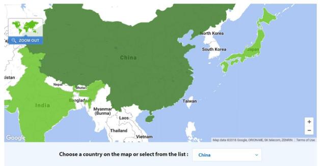 在台湾没有业务的沃尔玛的网站上标志中国业务时，台湾不在此列。