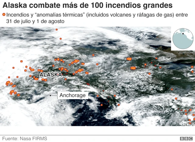 Imagen satelital de los incendios en Alaska