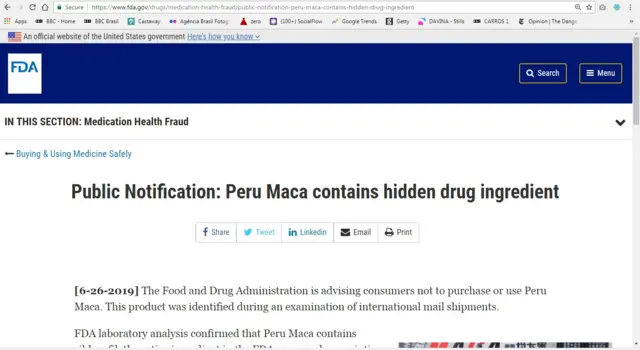 Print do site da FDA, agência federal americana