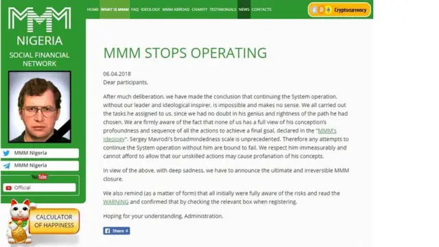 6 April 2018 na im MMM wey be Mavrodi Mondial Moneybox announce say as di godfather die, power no dey again to continue di business.