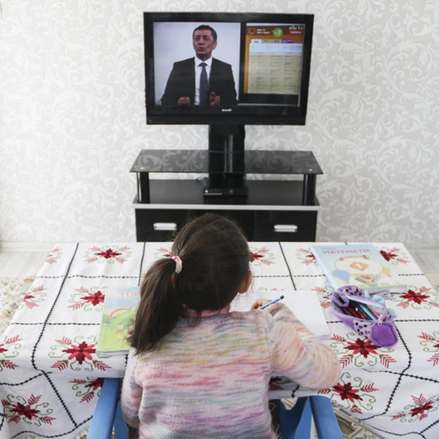 Niña mirando televisión educativa.