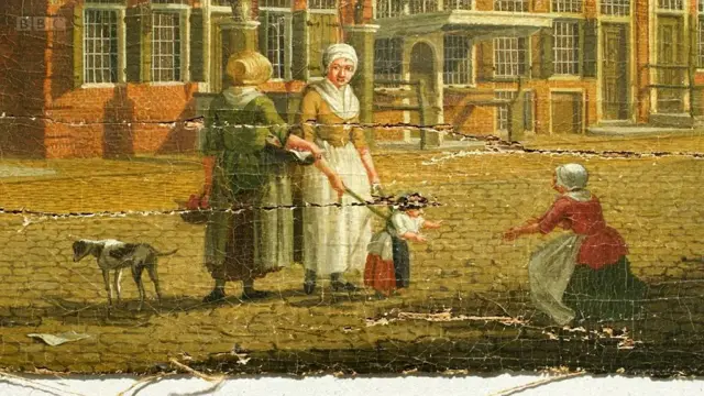 Detalheroleta com porcentagem'Nieuwstraat en Hoorn', 1784,roleta com porcentagemIzaak Ouwater, no estado deterioradoroleta com porcentagemque a obra foi devolvida ao museu