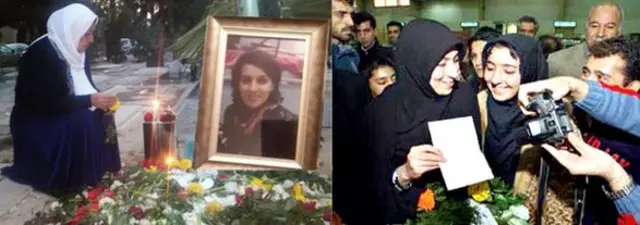 شادی افسانه نوروزی بعد آزادی (راست) و مادر ریحانه جباری در جشن تولد او بر سر مزارش