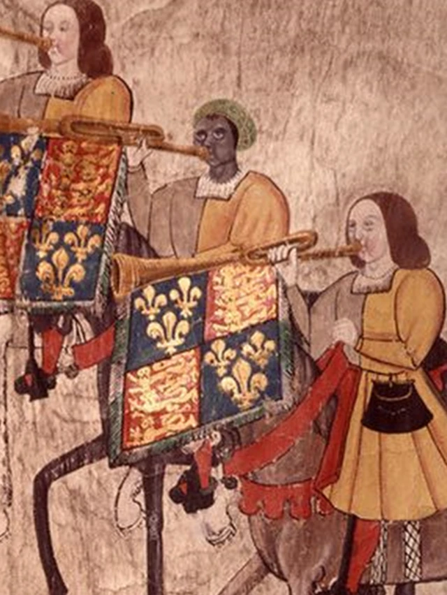 Extrait du rouleau du tournoi de Westminster montrant presque certainement John Blanke, le seul personnage portant un turban orange grillagé de jaune.