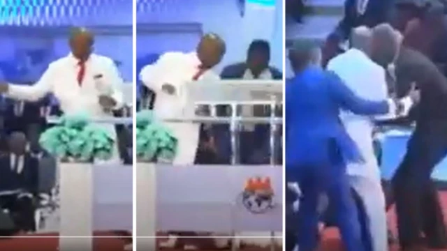 Di man drag Bishop Oyedepo for leg before security pipo intervene