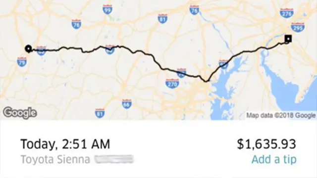 ఊబర్‌లో కెన్నీ ప్రయాణించిన మార్గం