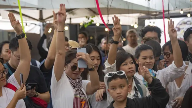 ผู้ชมหลายคนพร้อมใจชู 3 นิ้ว ในหลายช่วงของการแสดง