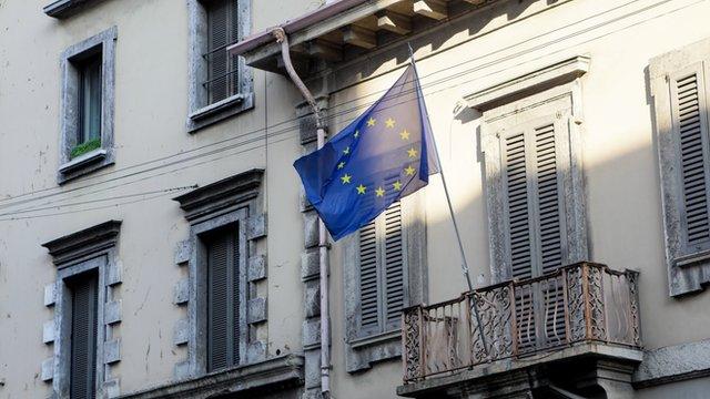 A Europe flag is seen in Via Palestro, Milan, March 16, 2020. Italian Government continues to enforce the nationwide lockdown measures to control the coronavirus spread (