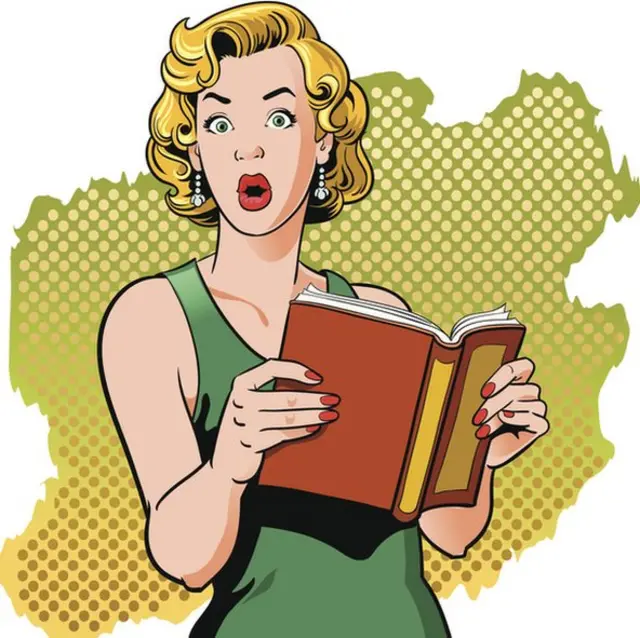 Dibujo de mujer lee un libro sorprendida.