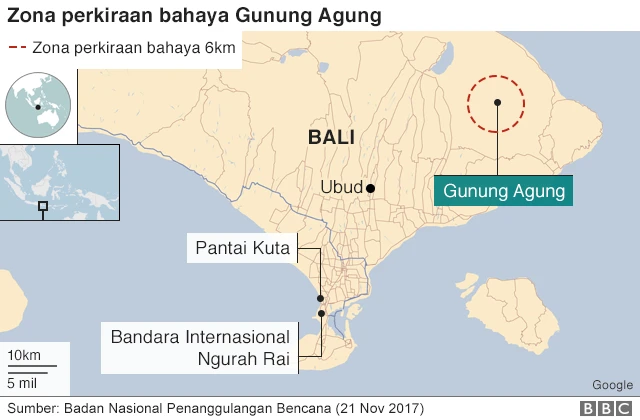 Peta perkiraan zona bahaya Gunung Agung