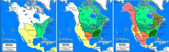Mapa si América del Norte si Estados Unidos perdiera la Revolución de las Trece Colonias