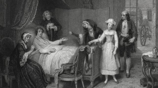 Homem em cama rodeado por mulheres (ilustração antiga)