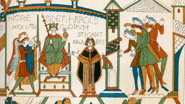 Вышивка на гобелене из Байё, коронация Гарольда Годвинсона