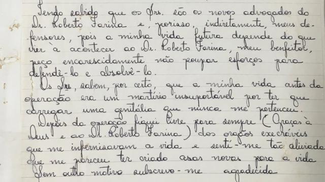 Carta manuscrita de Waldirene a los abogados de Farina, en 1978. Foto: BBC Brasil.