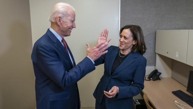 An undated handout photo made available by the Biden Harris Campaign shows former US Vice President and presumptive Democratic candidate for President Joe Biden with California Senator Kamala Harris