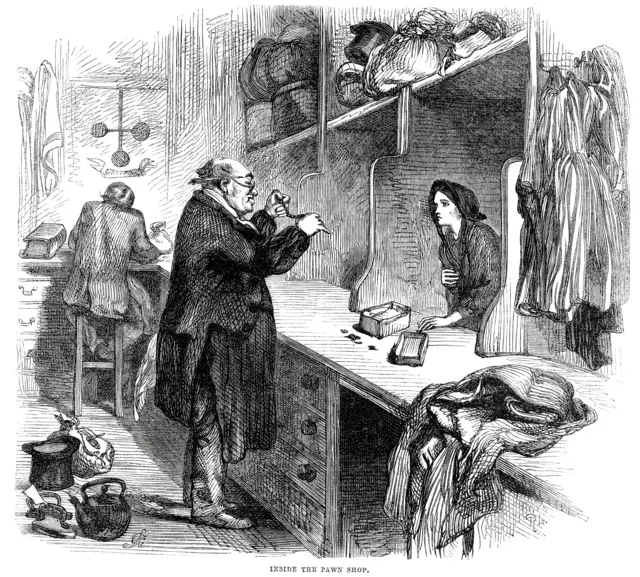 Grabado de una mujer llevando sus joyas a un prestamista.