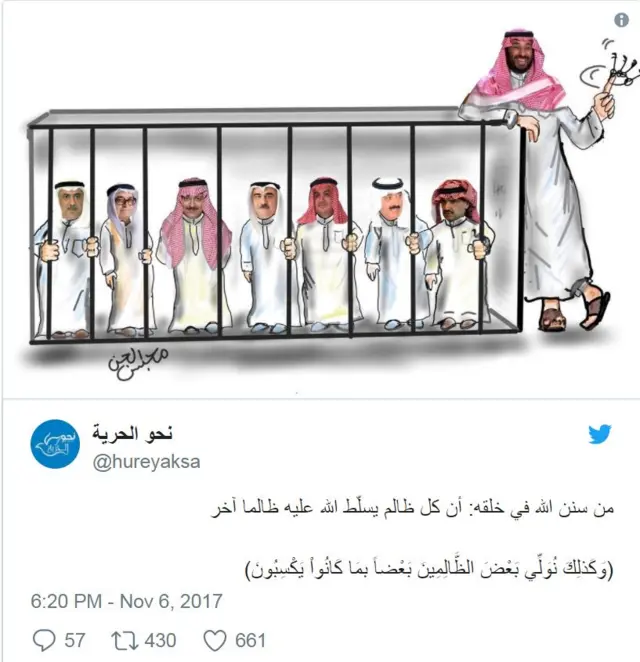 رسم كاريكاتوري على تويتر يظهر فيه محمد بن سلمان وهو يضحك ساخرا بجانب قفص يقبع فيه أبناء عمومته من الأمراء