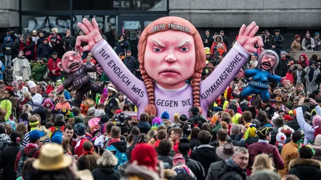 A float featuring an effigy of climate activist Greta Thunberg makes its way through the annual Rose Monday Carnival parade on March 4, 2019 in Dusseldorf, Germany
