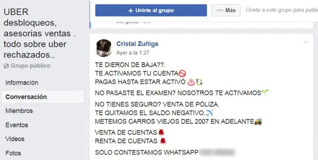 Una cuenta que ofrece cuentas de conductores de Uber.