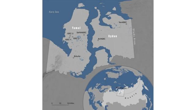 روی این نقشه مکان هفت حفره کشف شده در شبه‌جزیره‌های یامال و گیدان مشخص شده است