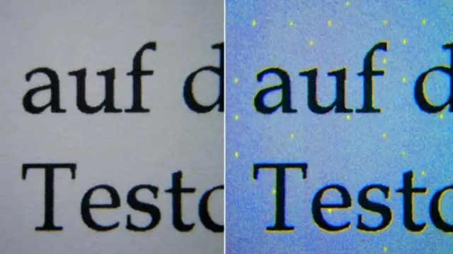 Точки, наносимые лазерным принтером HP, становятся особенно заметны при синем свете