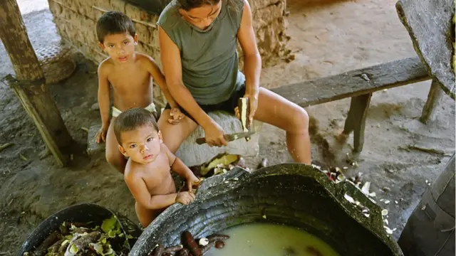 Mãe descasca mandioca ao ladowestern slotdois filhos na Amazônia