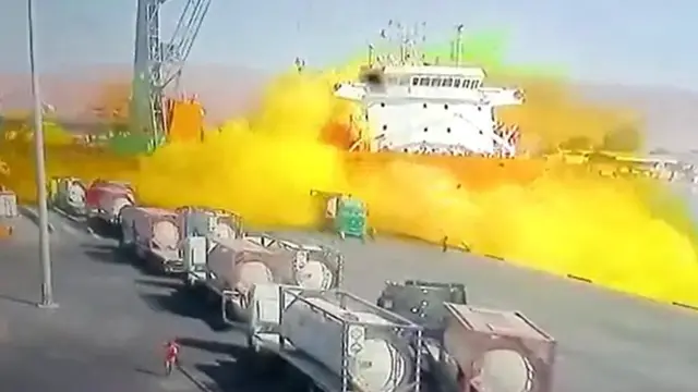 State-owned AlMamlaka TV broadcast footage showing the toxic gas cloud at Jordan's Aqaba port