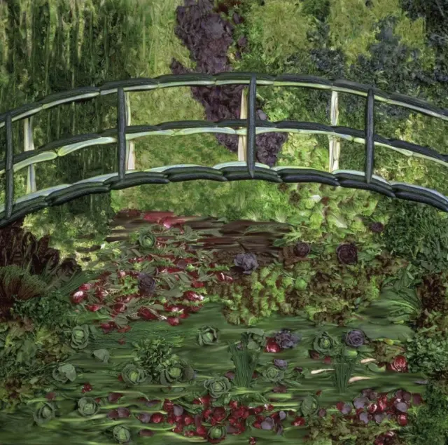 Foto by Tessa Traeger of vegetables wey dem arranged to recreate one painting wey Monet do of bridge ontop lily pond (Hommage to Monet, 1989).